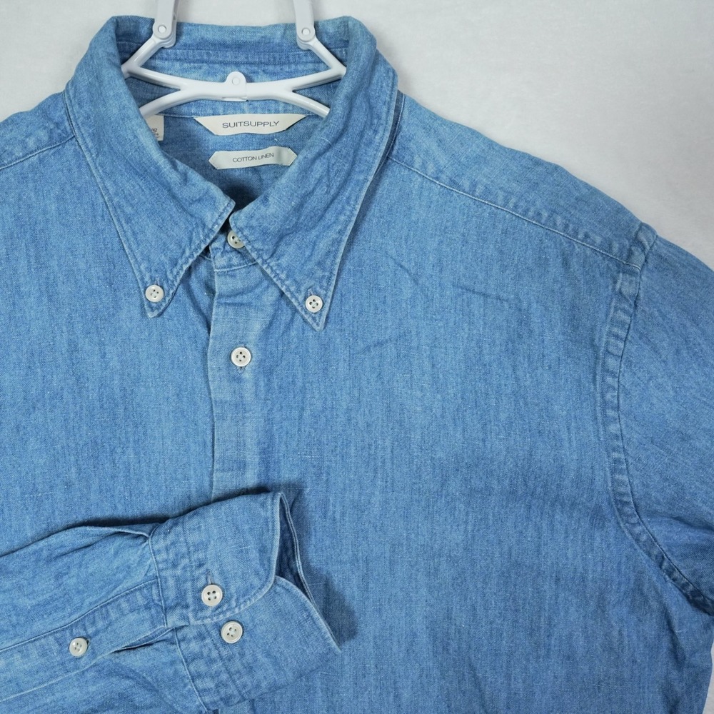 Suitsupply Men Light Denim Cotton Linen Button Blue Shirt Extra Slim Fit 16/16.5